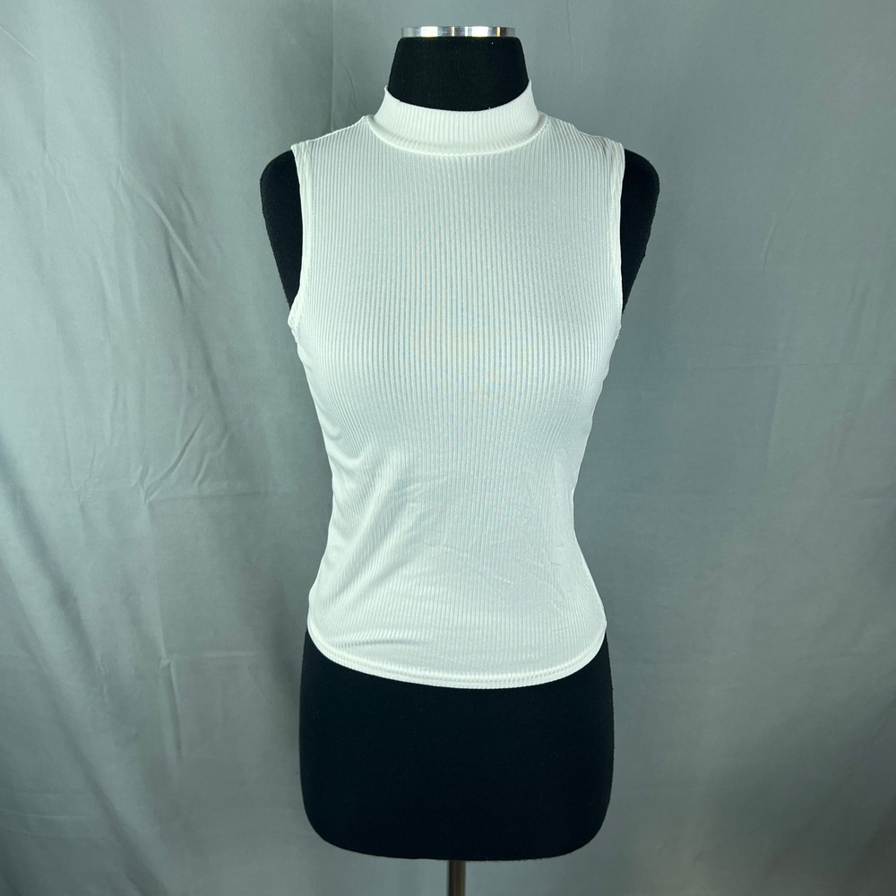Brit & Bri Tank Top Womens XS White Stretch Ribbed Mock Neck Everyday Summer